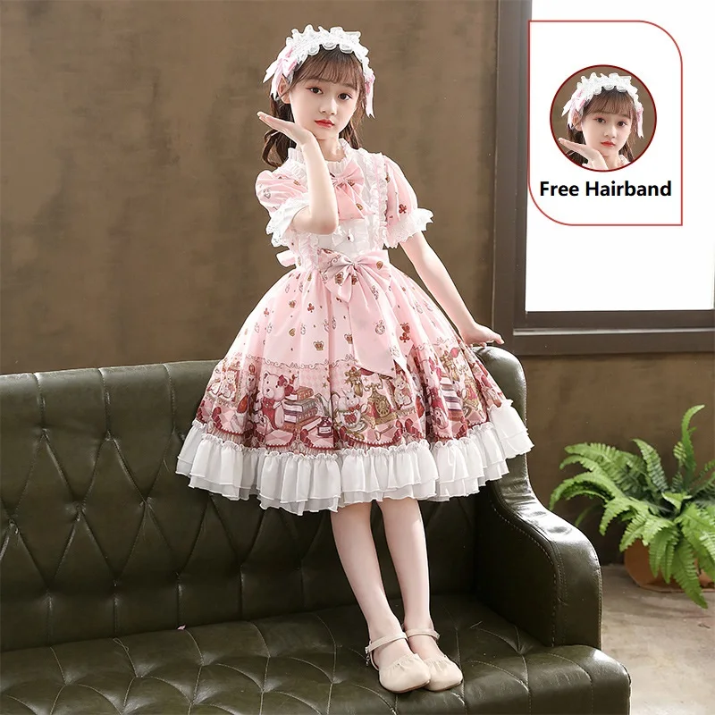 2022 Summer Japanese Gothic Lolita Dress 3-16Y Girls Kawaii Flower Bow Lace Pink Princess Costume Even Party Prom Baby Clothes images - 6