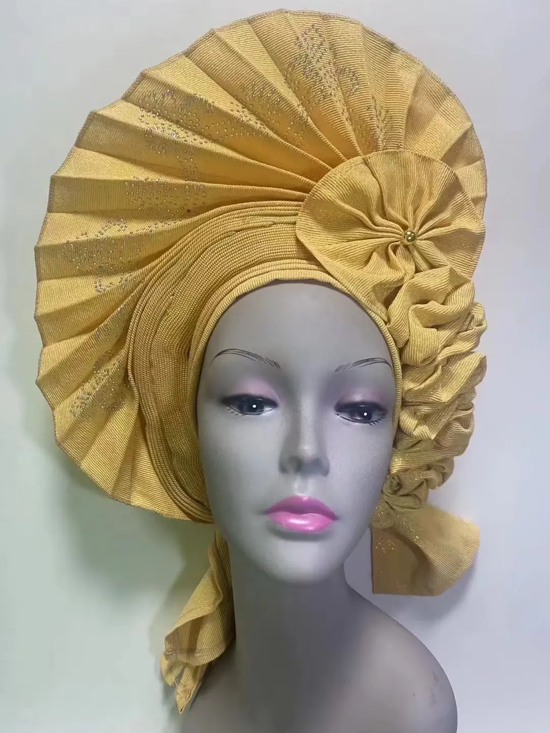 

Yellow African Nigerian gel headgear with stone bead already made auto turban afro aso ebi gel aso oke wide br im headgear
