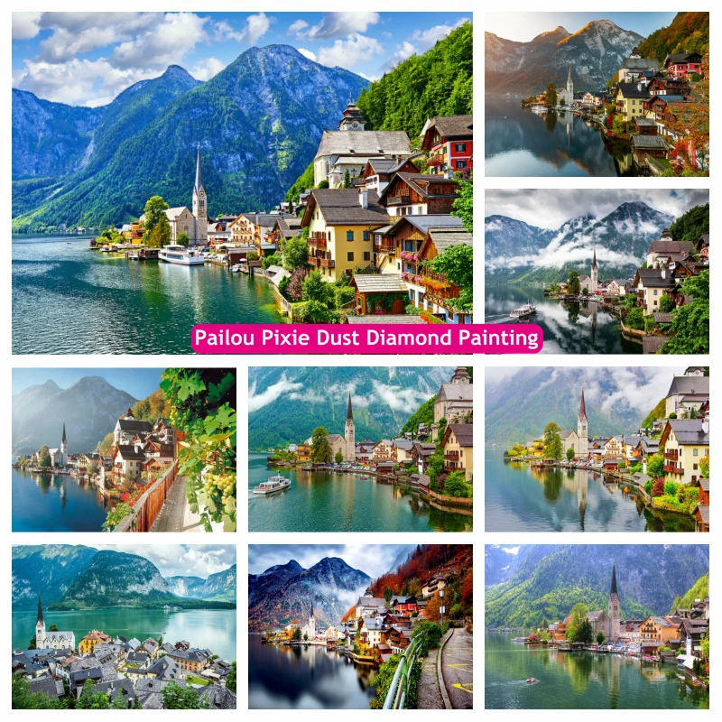

Fairytale Hallstatt Villages Scenery Fairy Dust Diamond Art Painting Austria Town Landscape Mosaic Cross Stitch Home Decor Gift