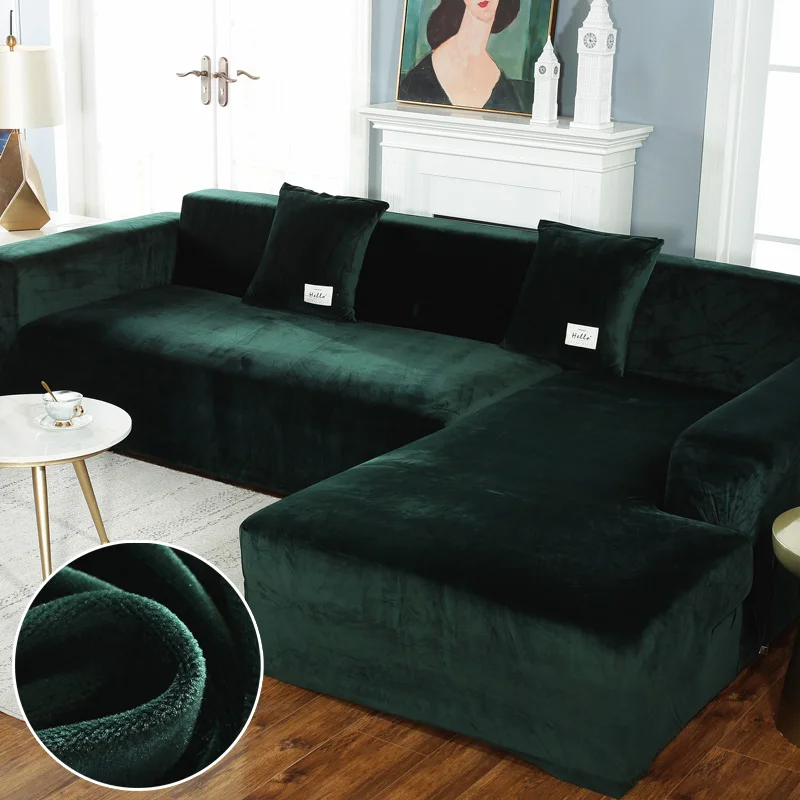 

Plush Sofa Cover for Living Room Velvet Elastic Solid Corner Sectional Chaise Lounge Couch Set Armchair L Shape Seat Slipcovers