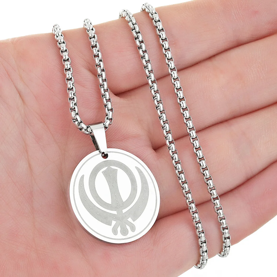 Religious Sikh Symbol Pendant Necklace Stainless Steel 25mm Round Khanda Charm Logo Link Chain Jewelry |