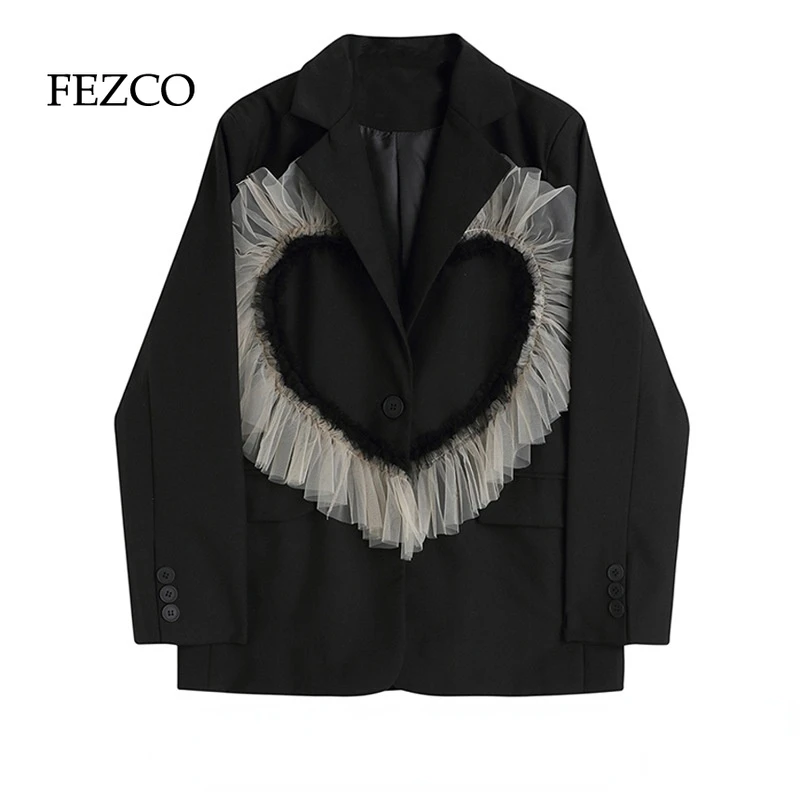 

FEZCO 2022 Harajuku любовь Марля Мода оригинальный дизайн пальто куртка Женский Повседневный костюм пальто черный блейзер элегантный