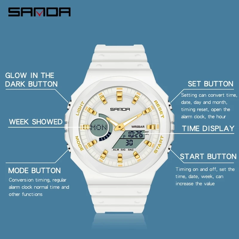 SANDA 2023 New Casual Women's Watches Fashion Luxury Digital Quartz Watch for Female Clock 5ATM Waterproof Relogio Feminino 6016