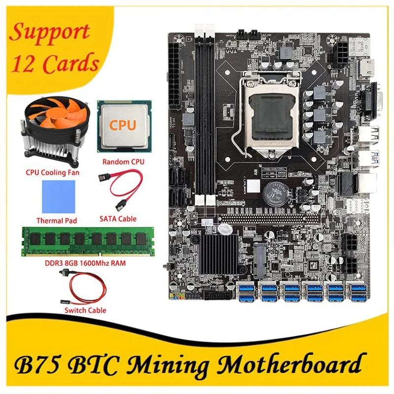 

B75 BTC Mining Motherboard 12 PCIE To USB With SATA Cable+Cooling Fan+DDR3 8GB 1600Mhz RAM LGA1155 B75 ETH Miner Mining