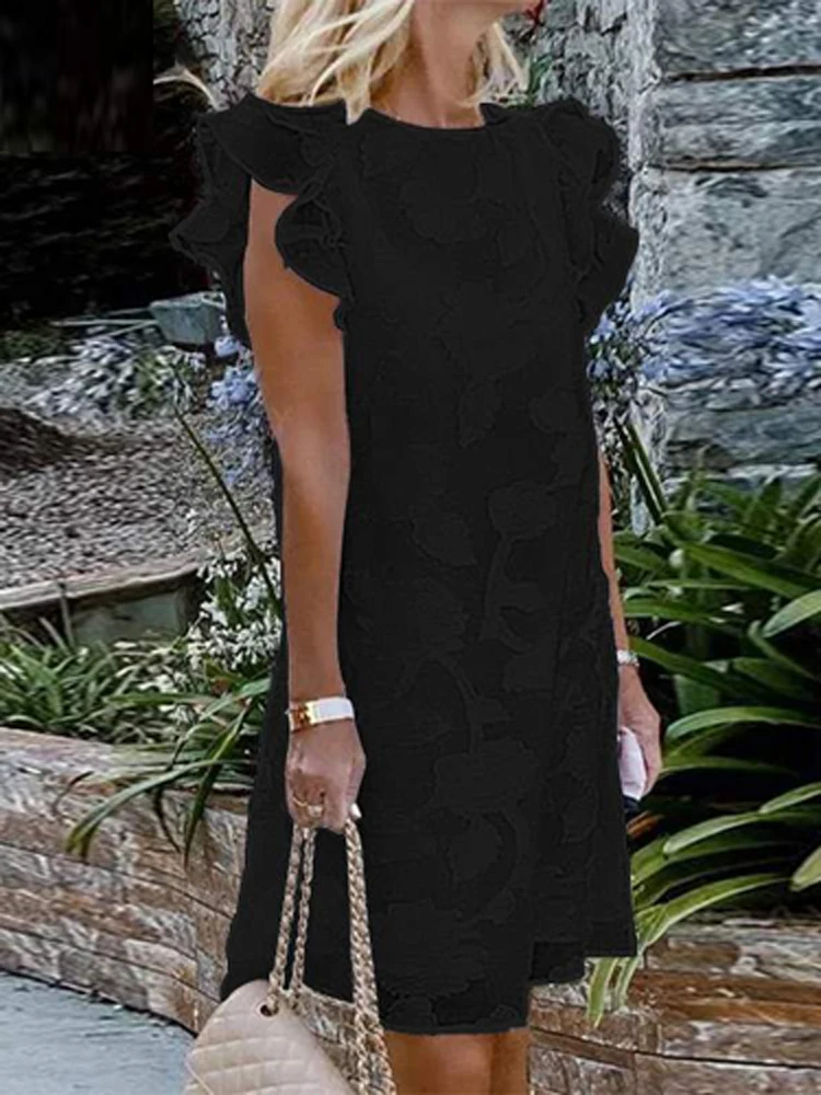 

Женское кружевное Сетчатое однотонное прямое мини-платье, модное короткое вечернее платье с оборками на рукавах, элегантное свободное повс...