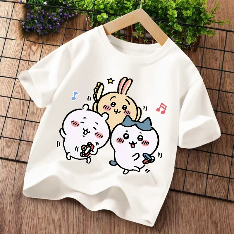 Фото Новая детская футболка Chiikawas с принтом персонажей мультфильмов Kawaii, футболки с короткими рукавами для мальчиков и девочек, летняя детская одежда №2