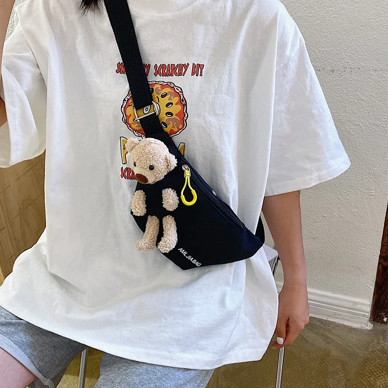 Cute Bear Women's Waist Bag High Quality Canvas Belt Bags Designer Crossbody Chest Bag Female Solid Fanny Pack Banana Hip Purse