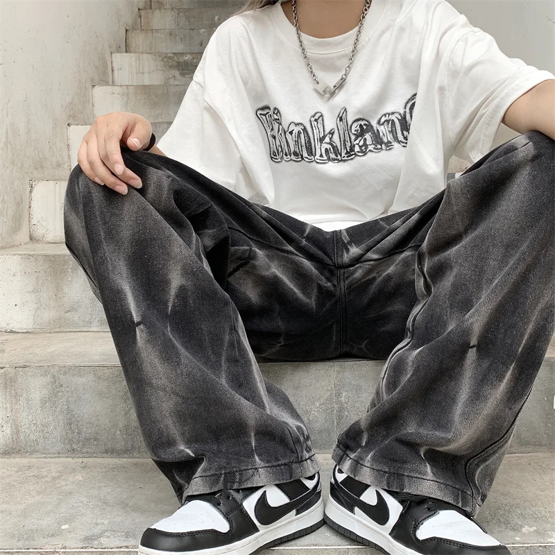 Black Baggy Jeans Men Fashion Retro Casual Tie Dye Straight Jeans Mens Japanese Streetwear Hip-hop Loose Denim Trousers Men