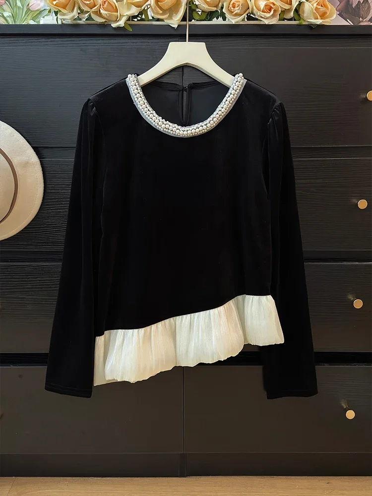 Бархатные блузки Matakawa с бисером милые женские рубашки контрастных цветов