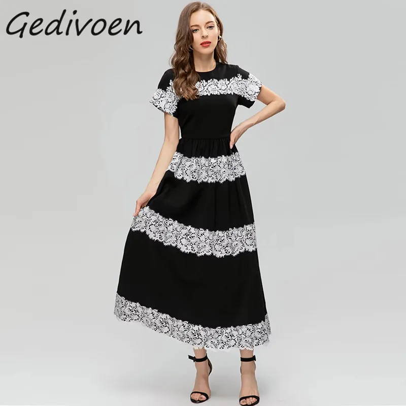 

Женское платье с вышивкой Gedivoen, летнее модельное винтажное длинное платье с круглым вырезом, оборками и высокой талией, черное платье