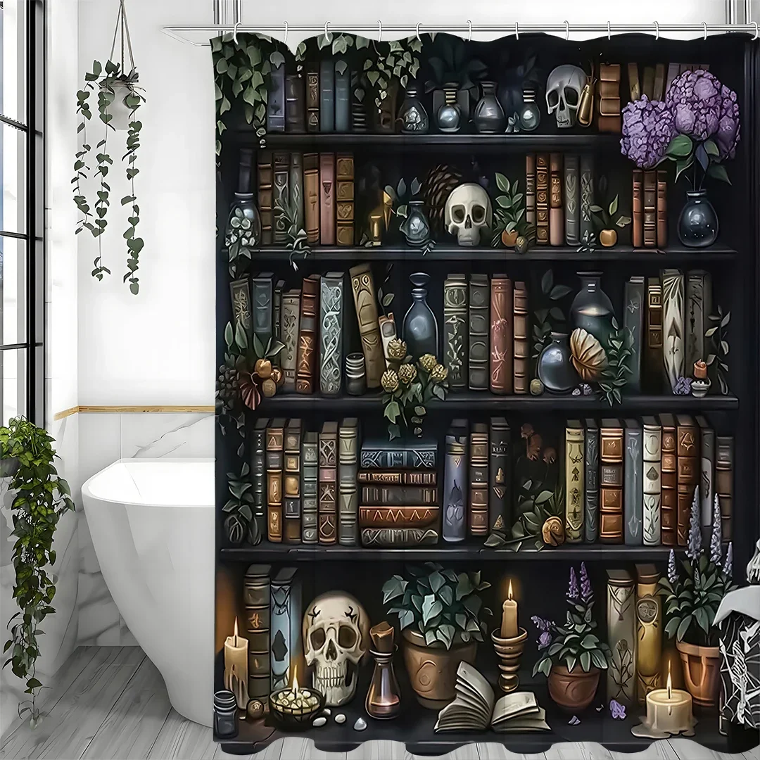 

Хэллоуин ведьма книжная полка миль книги череп занавеска для душа, декоративная занавеска для душа в ванной комнате, водонепроницаемая занавеска для душа с