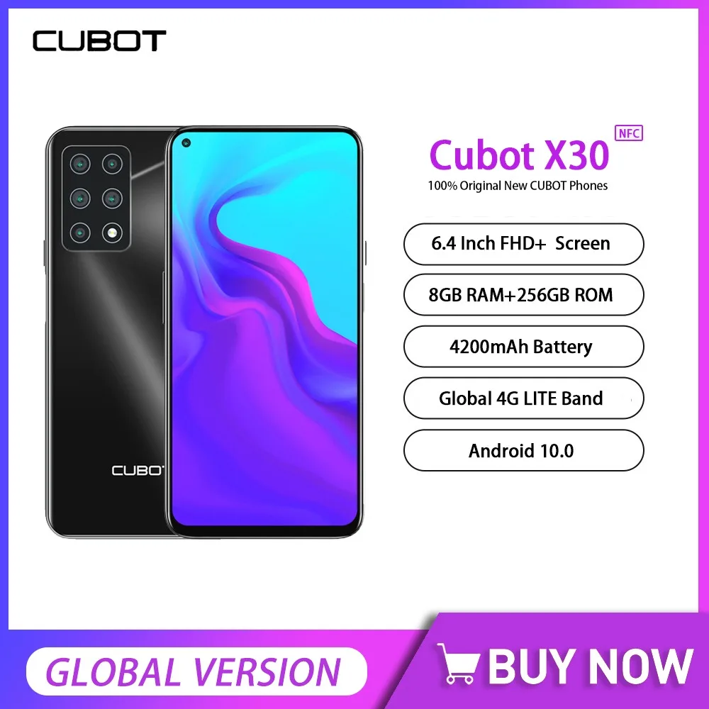 Глобальная версия смартфон Cubot X30, Android 10, мобильный телефон, 6,4 дюйма, FDH, 8 ГБ + 256 ГБ, 48MP, пять камер, 4200 мАч, 4G LTE, NFC для мобильного телефона
