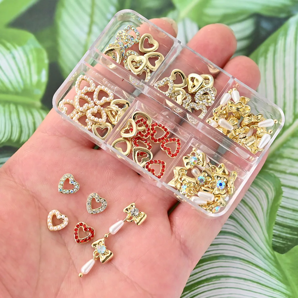 

30pcs/box Heart Nail Art Gems Charms Mix Shiny Alloy Zircon 3D Bowknot Rhinestones Pearl Pendant Manicure Jewelry Accessories #9