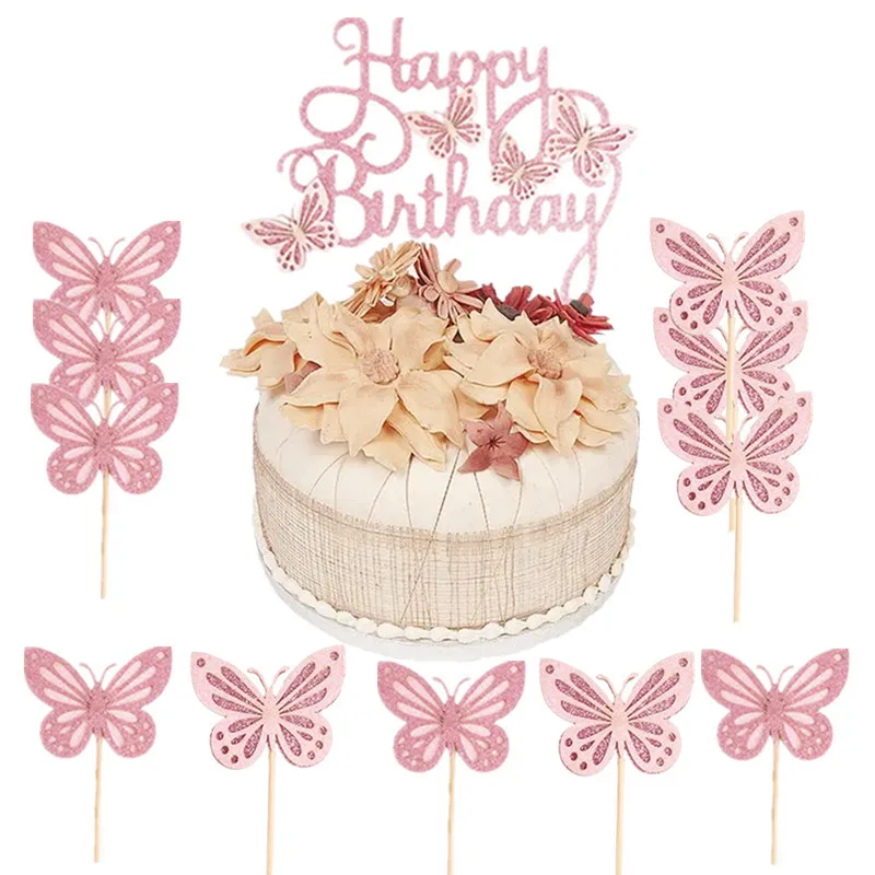 

13 шт. розовая бабочка брикет детская девочка на 1-й День рождения украшение торта десерт кекс Топпер поставки