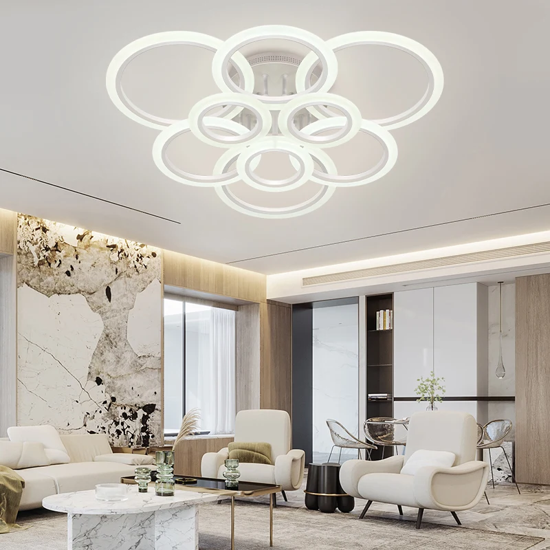 Дешево Современная люстра SOLVE, 4/6/9 колец, дистанционное управление, затемнение, светодиодные потолочные светильники для гостиной, спальни, кухни, у...