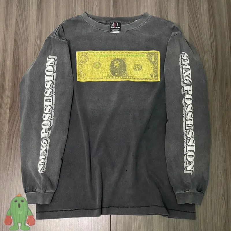 

High Street Anxiety Sweatshirt Double Cuff Vintage Dollar Print Old Washed Men Women Loose Casual Long-sleeved T-shirt