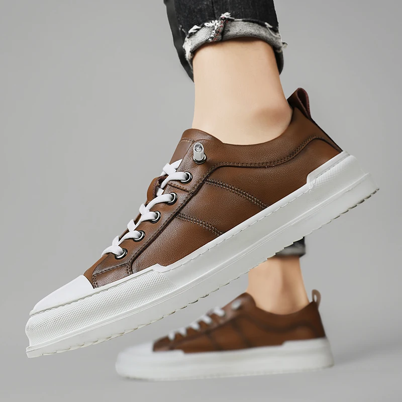 

New Trend Leather Shoe Mens Popular Walking Shoes For Men Comfortable Casual Adult Shoe White Brown Men Casual Lace Up Sneakers