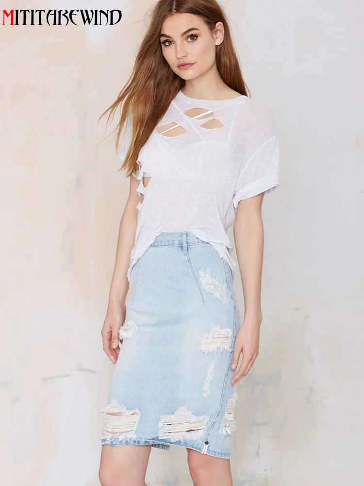 

High Waist Denim Skirt Women Heavy Washed Hole Ripped Denim Distressed Pencil Skirt Split Wrap Hip Knee Length Women Clothes