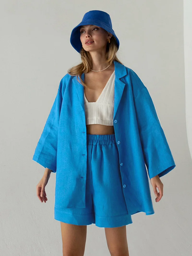 

2022 Women Spring Summer Loose Fit Solid Blue Holiday Shorts Sets Outfits Casual Suit Cotton Linen 2 Two Piece Set For Women