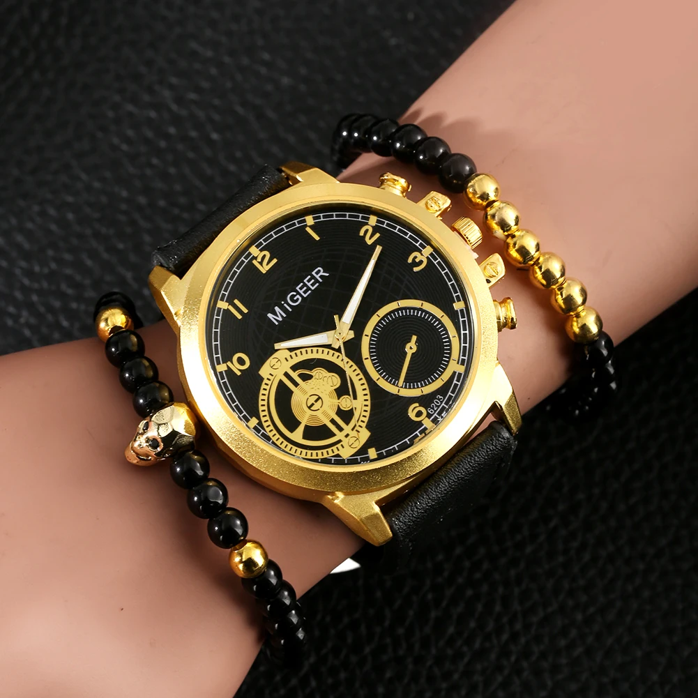 

Quartz Watch Men Watches Black Leather Gold Dial Business Senior Gold Skull Bead Chain One Pair Of Bracelets Three Piece Set