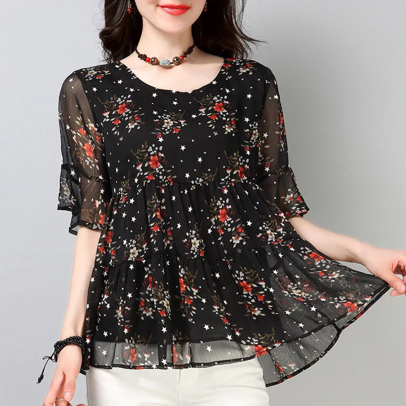 

Woman Summer Style Chiffon Blouses Tops Lady Casual Short Flare Sleeve O-Neck Flower Printed Blusas Tops SP1489