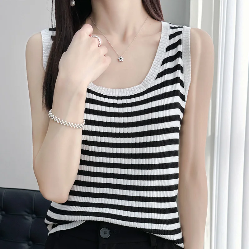 

Ice silk Knitted Sling Women's Summer Outwear Style Unique Striped Tank Top with Underlay Sleeveless Top