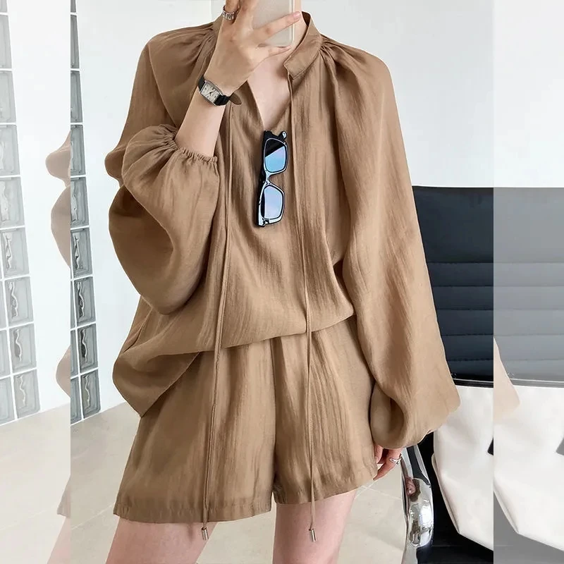 

2 Piece Sets Womens Outfits Lantern Sleeve Loose Bandage Blouses Fashion Casual Shorts Suit Roupas Femme Korean Summer Set