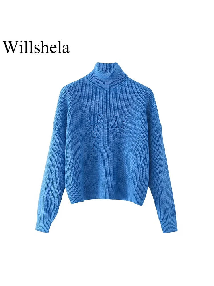 

Willshela Women Fashion Solid Knitted Pullover Sweater Vintage Long Sleeves High Neck Female Chic Lady Tops