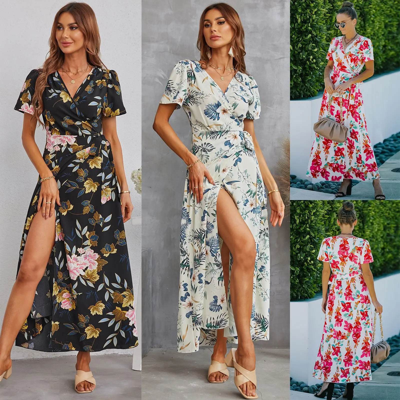 

2022 summer new split skirt European and American women's fashion V-neck Printed Dress summer dress clothes sexy dress