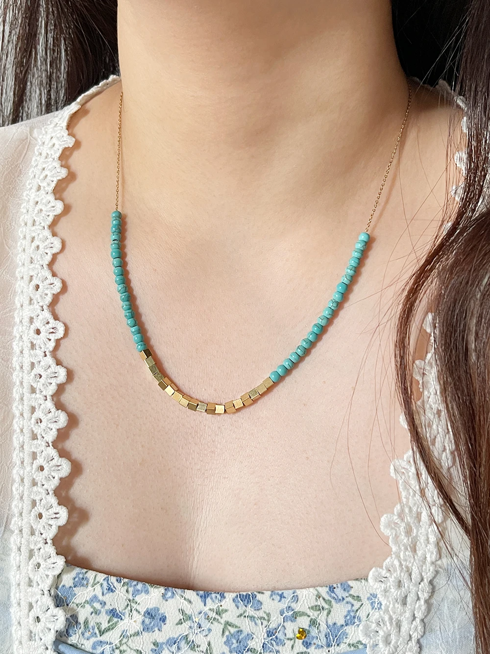 Peri'sBox микс нержавеющая сталь Золотая квадратная трубка Женская бирюза Колье