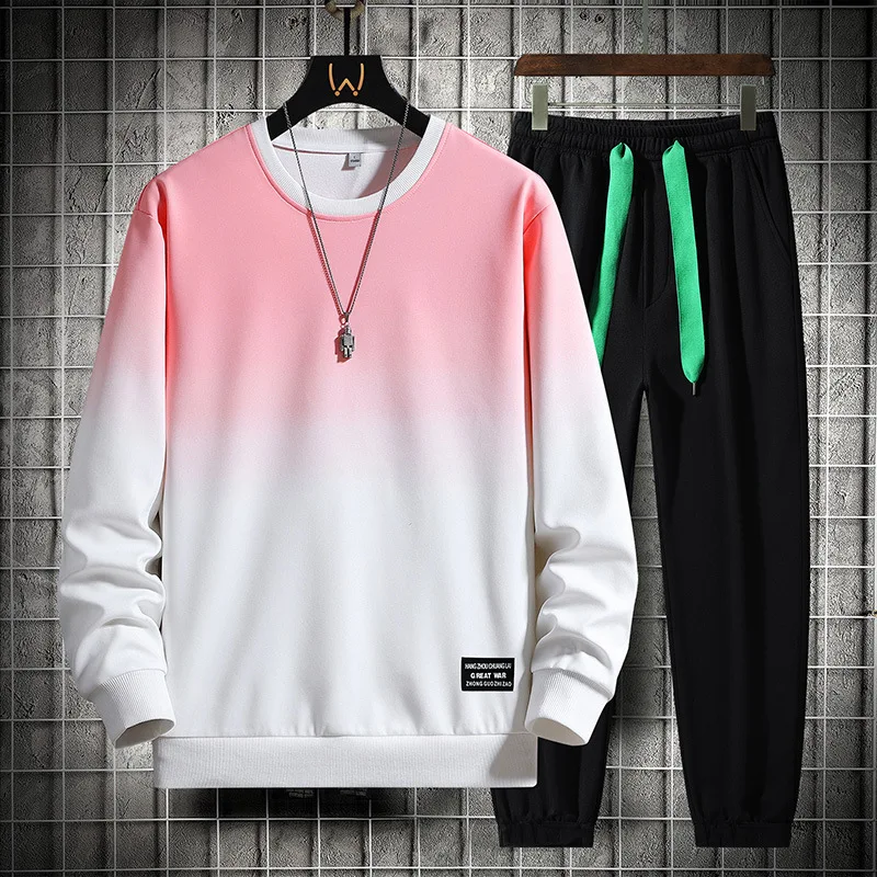 Mens Casual Gradient Sportwear Fashion 2 Piece Set Patchwork Sweatshirt + Pants Loose Tracksuit Men Spring Jogging Sport Suits