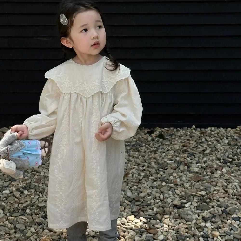 

7350 2023 Autumn Korean Girls Embroidery Floral Dress Children Longsleeve Princess Dress Party Dress for Kids Girl