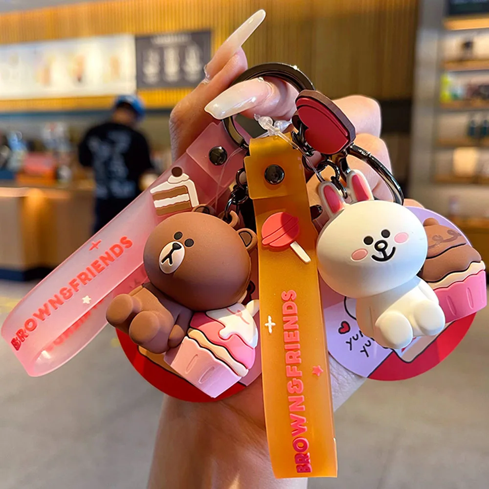 

Kawaii Cartoon Brown Bears Key Chain Cony Pendant Toys Anime Line Friends Fruit Series Sally Choco Bag Accessories Kids Gift