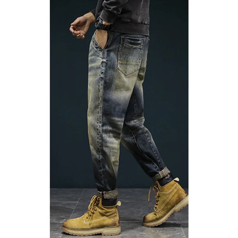 Streetwear Men 2022 New Pattern Vintage Recreational Blue Jeans Loose Large Broad Leg Straight Cylinder Trousers Autumn Female