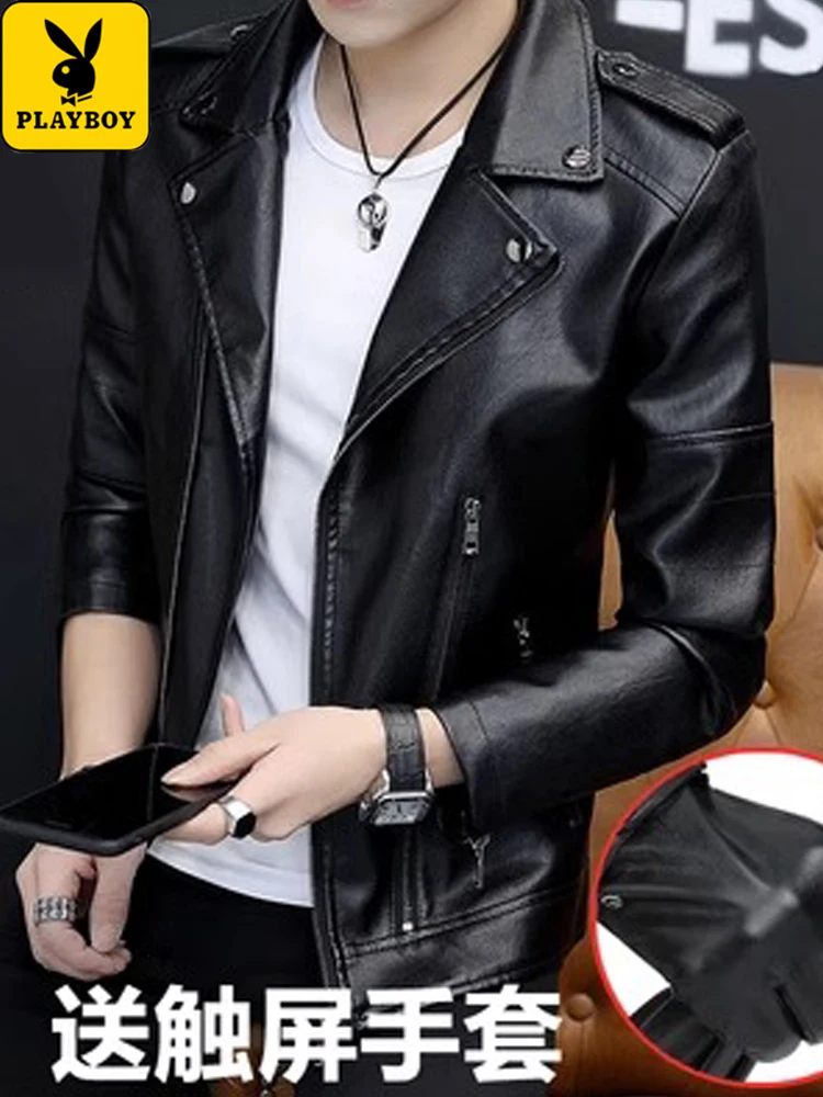 Playboy Leather Men's Genuine Spring and Autumn Motorcycle Clothing Outerwear Winter Slim fit Trendy Handsome Fleece-...