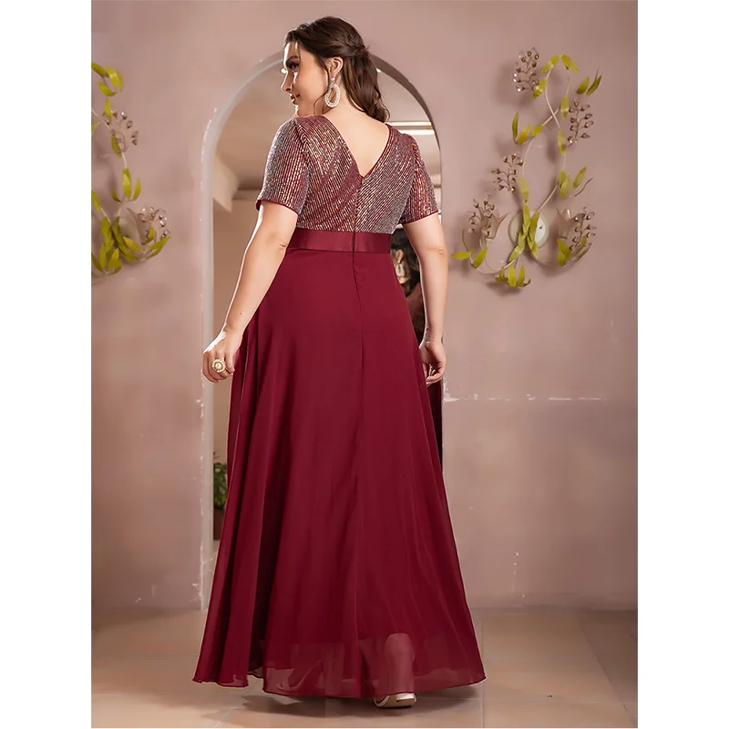 Plus Size 4XL5XLV Collar Shiny Red Short Sleeve Luxury Evening Dress Wedding Party Elegant Chiffon Plus Size Evening Dresses