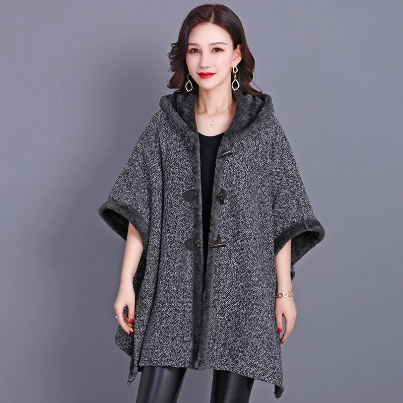 

Autumn Winter New Knitted Shawl Coat Cardigan Imitate Cashmere Thickening Inside Poncho Fashionable Upscale Capes Gray Cloaks