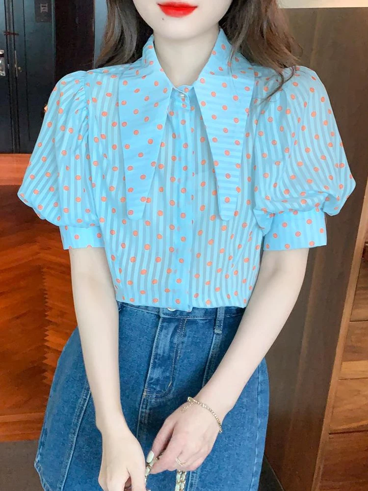 Blusas Mujer De Moda 2022 Verano Striped Dot Chiffon Blouse Shirt Women Tops Short Sleeve Blouse Women Blouses Femme Shirts E182