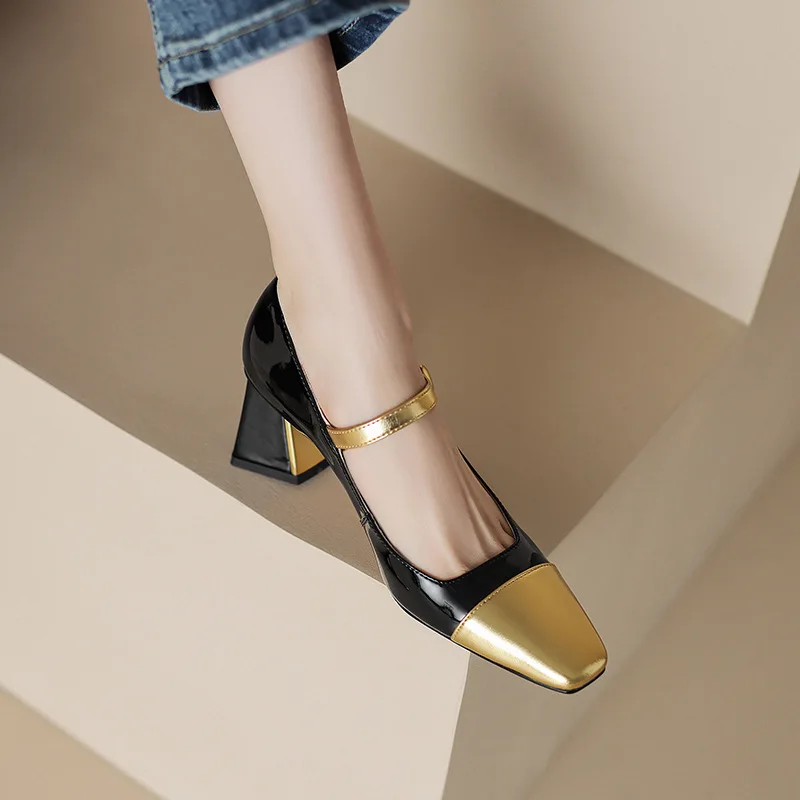 LeShion Of High Quality Real Leather Women Designer Mix-color Pumps Thick High Heels Mary Janes Shoes Ladies 2023 Spring