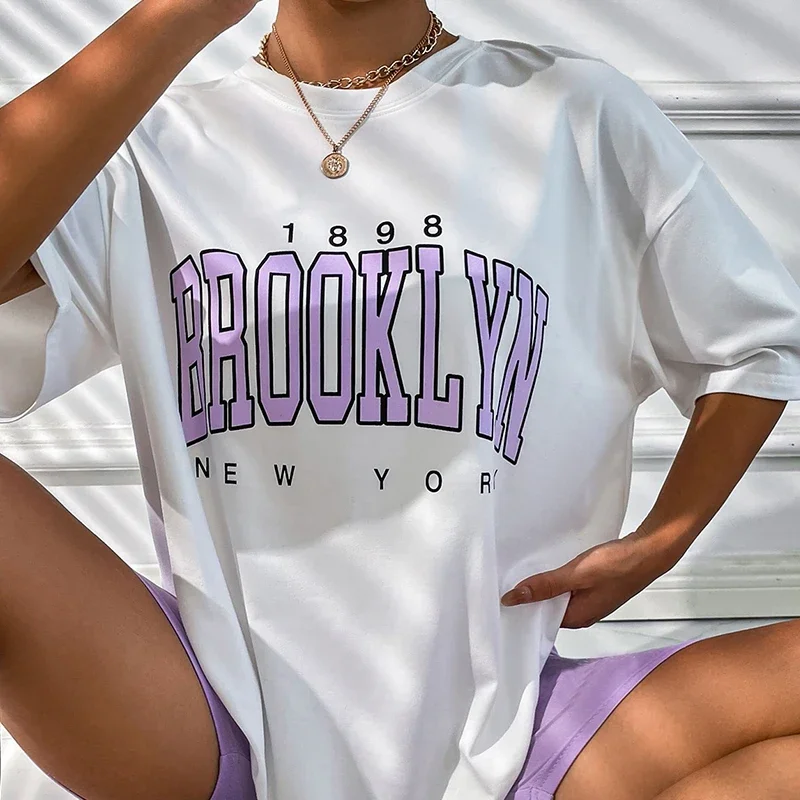 

Summer Women Tshirt 1898 Brooklyn New York Letter Print Short Sleeve Tee Y2K Tops Oversized Clothing Harajuku Graphic