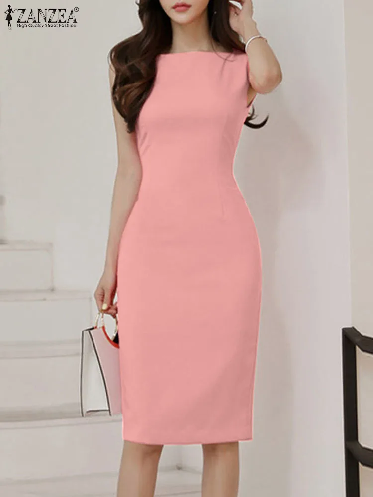 

ZANZEA Women Elegant Workplace Tank Dress Temperament Boat Neck Sleeveless Cinched Waist Knee-length Dress OL Slim Sheath Robes