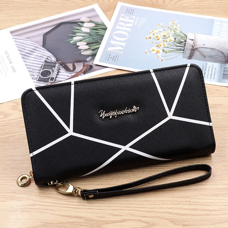 

2022 Geometric Patchwork PU Leather Women Long Zipper Wrist Purses Tassel Design Large Capacity Clutch Wallet Female Card Holder