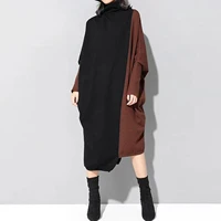 women black gray knitting batwing sleeve long dress new turtleneck oversized loose fit patchwork fashion tide autumn winter 2022