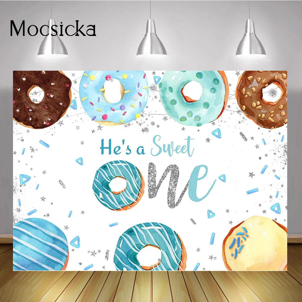 

Милый фон для фотосъемки на день рождения с изображением голубого шоколадного пончика на заказ детский фон для душа Серебряные Звезды това...