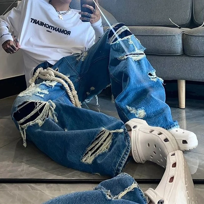 Y2K Emo Vintage Streetwear Harajuku Ripped Baggy Gothic Pants Hip Hop Punk Fairy Grunge Jeans for Men Denim Trousers Alt Clothes