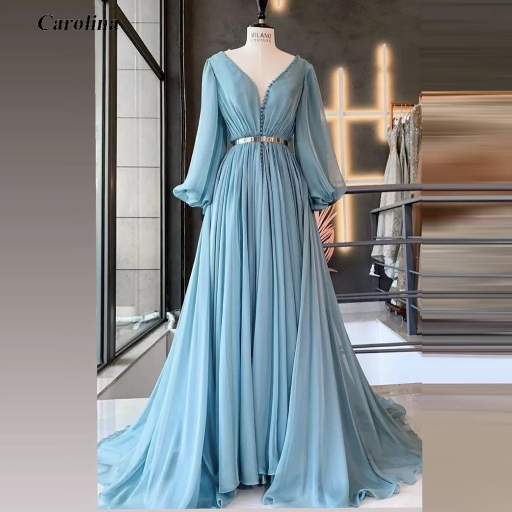 

V Neck Beading Chiffon Vintage Prom Gown Puffy Sleeves Modest Occasion Dress Robe De Soirée Women Ruched Evening Party Dress