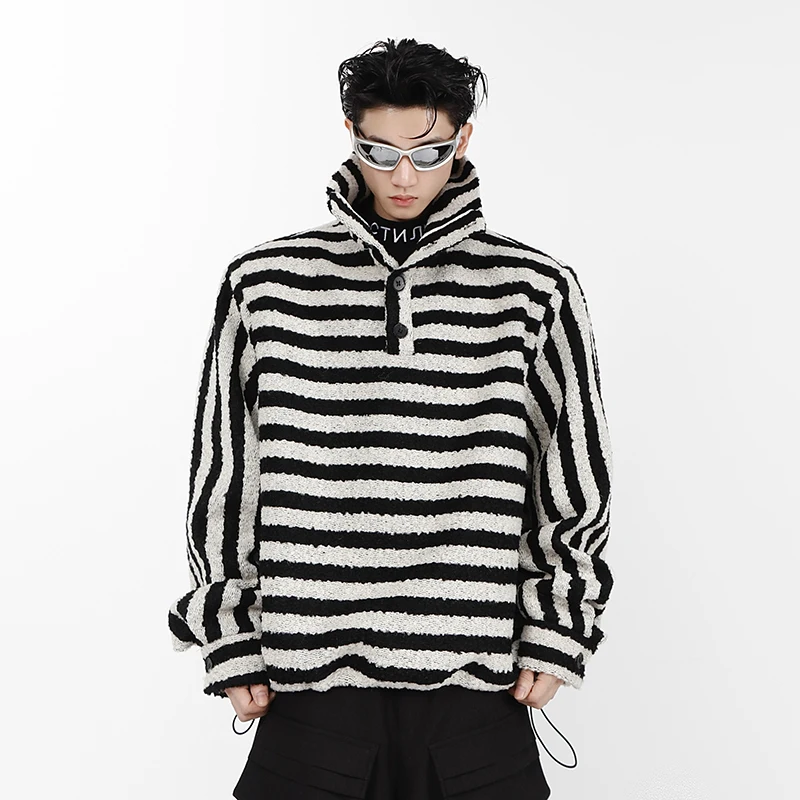 

ZCSMLL Stand Collar Shoulder Pad Men Sweater Stripe Design Simple Button Wool Male Top 2022 High Neck Casual Male Pullover