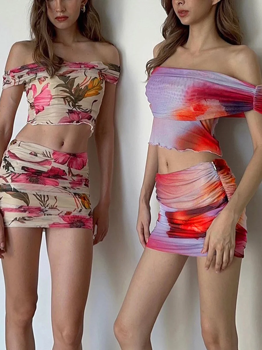 

Женская летняя одежда из двух предметов, топы-трубы с открытыми плечами, с цветочным принтом и галстуком-бабочкой, мини-юбка, уличная одежда y2k