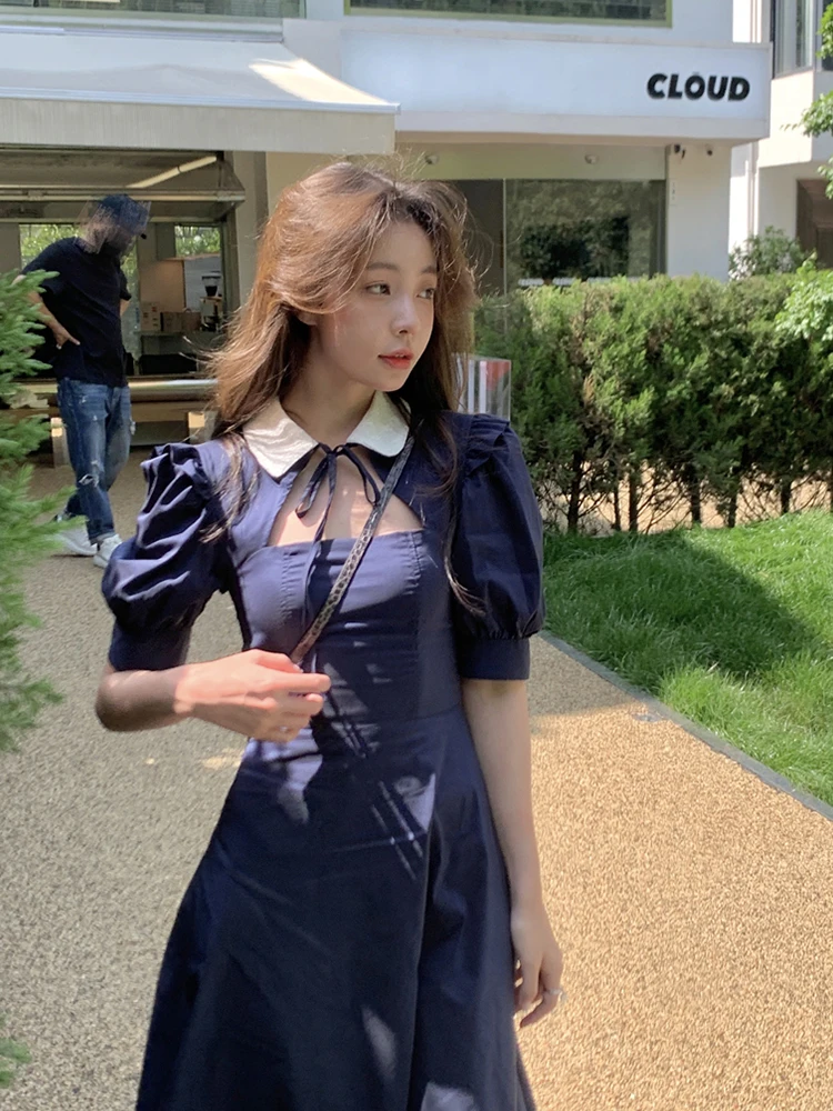 

KIMOKOKM Summer Court Style Dresses Cute Peter Pan Collar Bandaged Hollow Out Kawaii Puff Sleeve Sweety Elegant Midi Dress Women