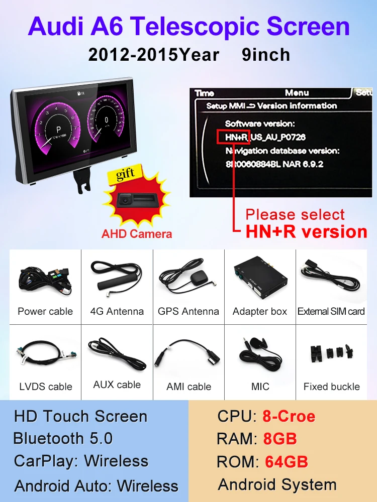 

STWEI 8G 128G Android14 9-дюймовый Carplay AUTO для AUDI 2012-2018 года A6 A7 C7 Автомобильные видеоплееры GPS Navi Смарт-экран Bluetooth